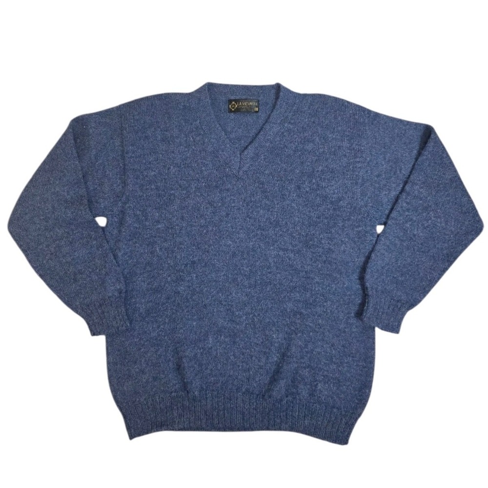 La Vicunita Peru Mens L 100% Alpaca Wool Sweater Blue V Neck Pullover
